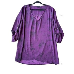 Apt 9 Women 2X Purple Abstract Floral Roll Tab Sleeve V-Neck Blouse Tulip Hem